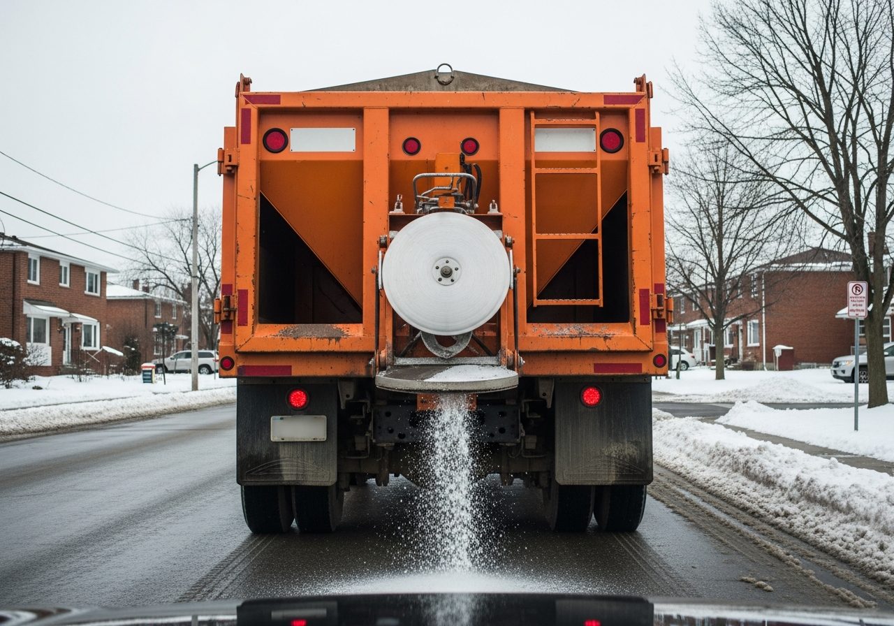 Salt-spreader truck on a wet Pittsburgh street